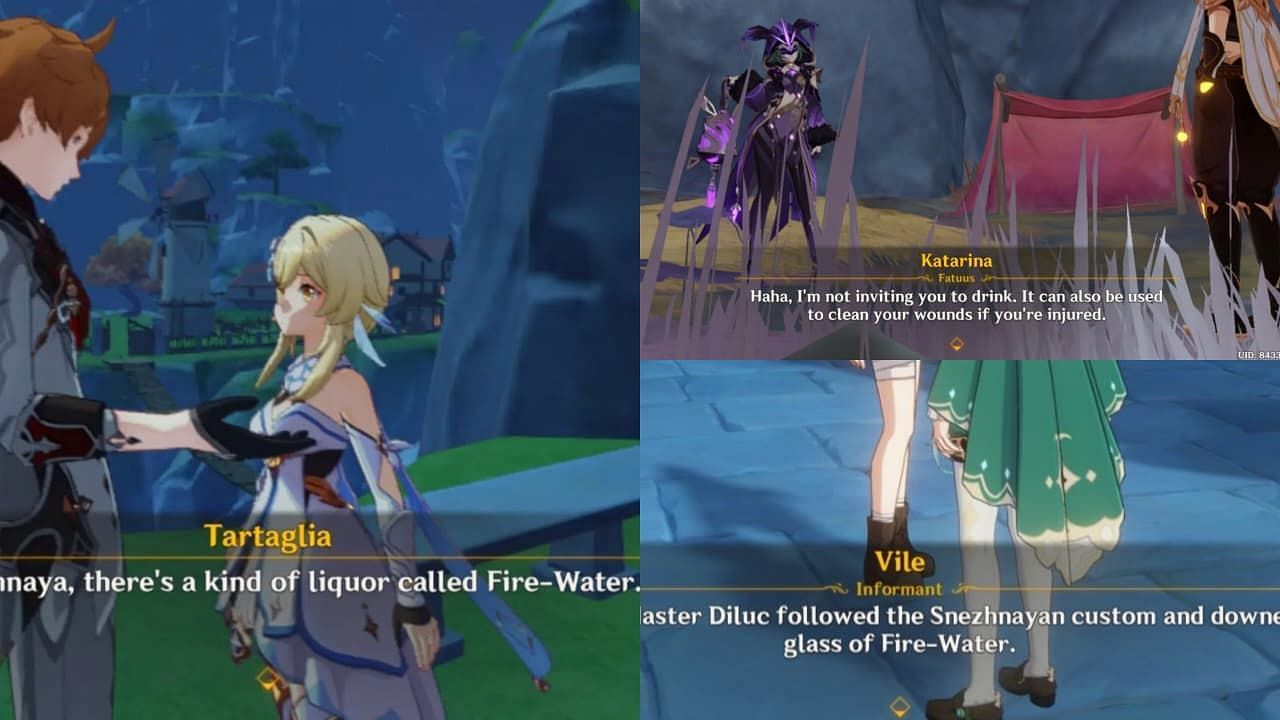 Mention of Snezhnayan's drink "Fire-Water" in-game (Image via HoYoverse)